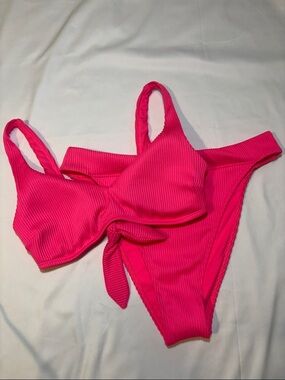 Neon Hot Pink Ribbed Hollister Bikini Set Medium Top Large Bottom High Waist